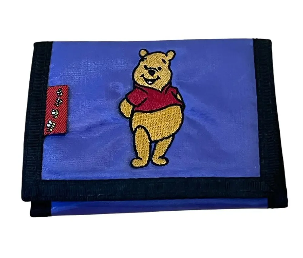 Vtg Winnie the Pooh Hook & Loop Wallet Purple Embroidered Trifold